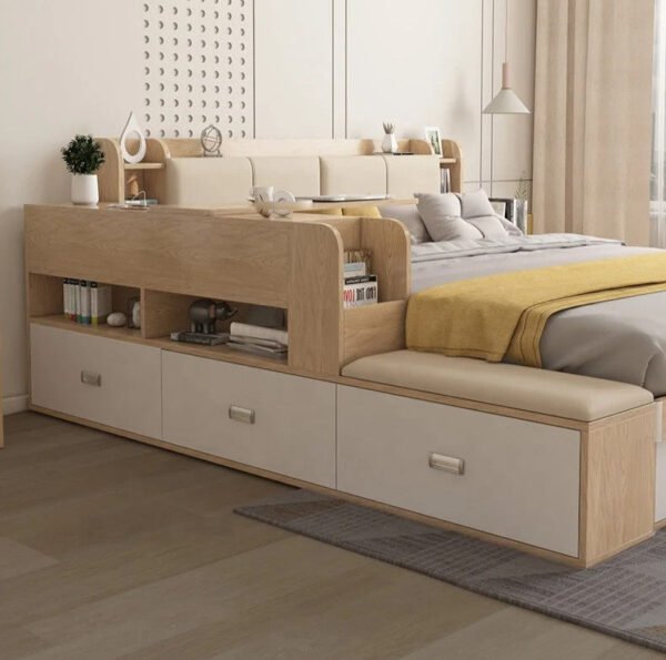 Hidden Compartment Lift-Up Storage Bookshelf Platform Bed