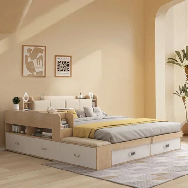 Hidden Compartment Lift-Up Storage Bookshelf Platform Bed