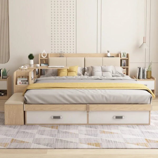 Hidden Compartment Lift-Up Storage Bookshelf Platform Bed